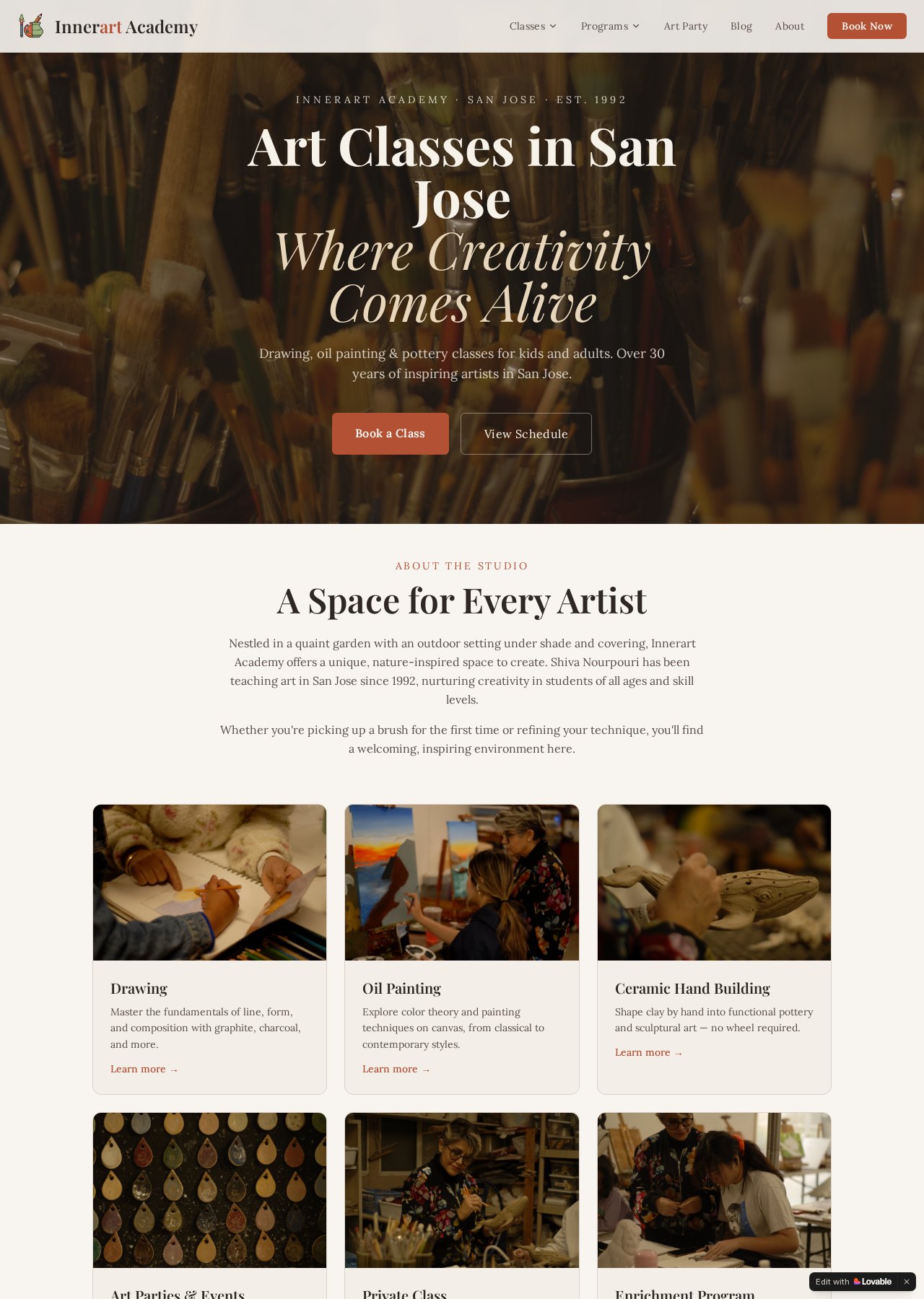Innerart Academy website homepage showing the renewed brand and class offering